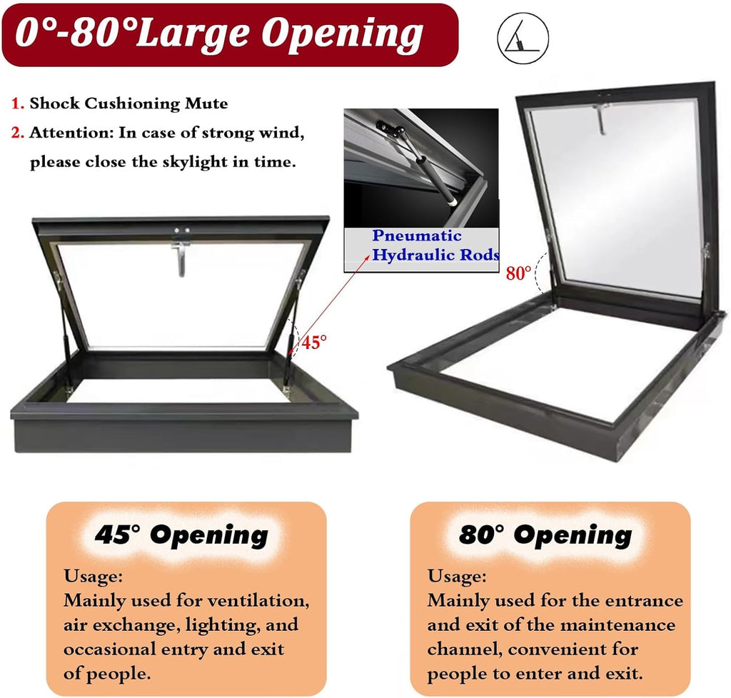 Heavy Duty Skylight Windows for Roof, Manual Opening Escape Access Hatch with Lock, Walk-in Anti-Hurricane Rain Proof
