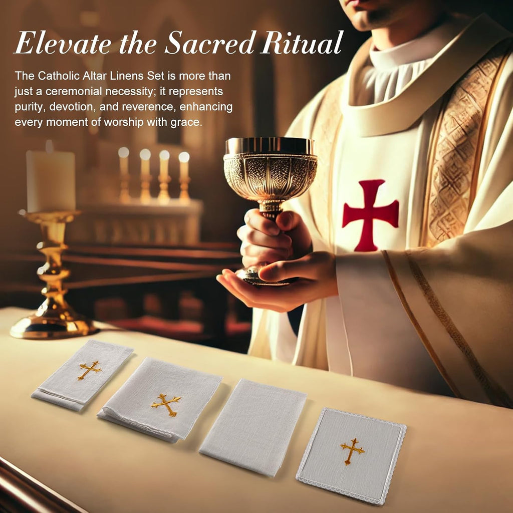 4 Pcs Altar Supplies Linen Corporal for Churches Set(Pall,Corporal,Purificator,Towel),White Linen Altar Cloth Gold