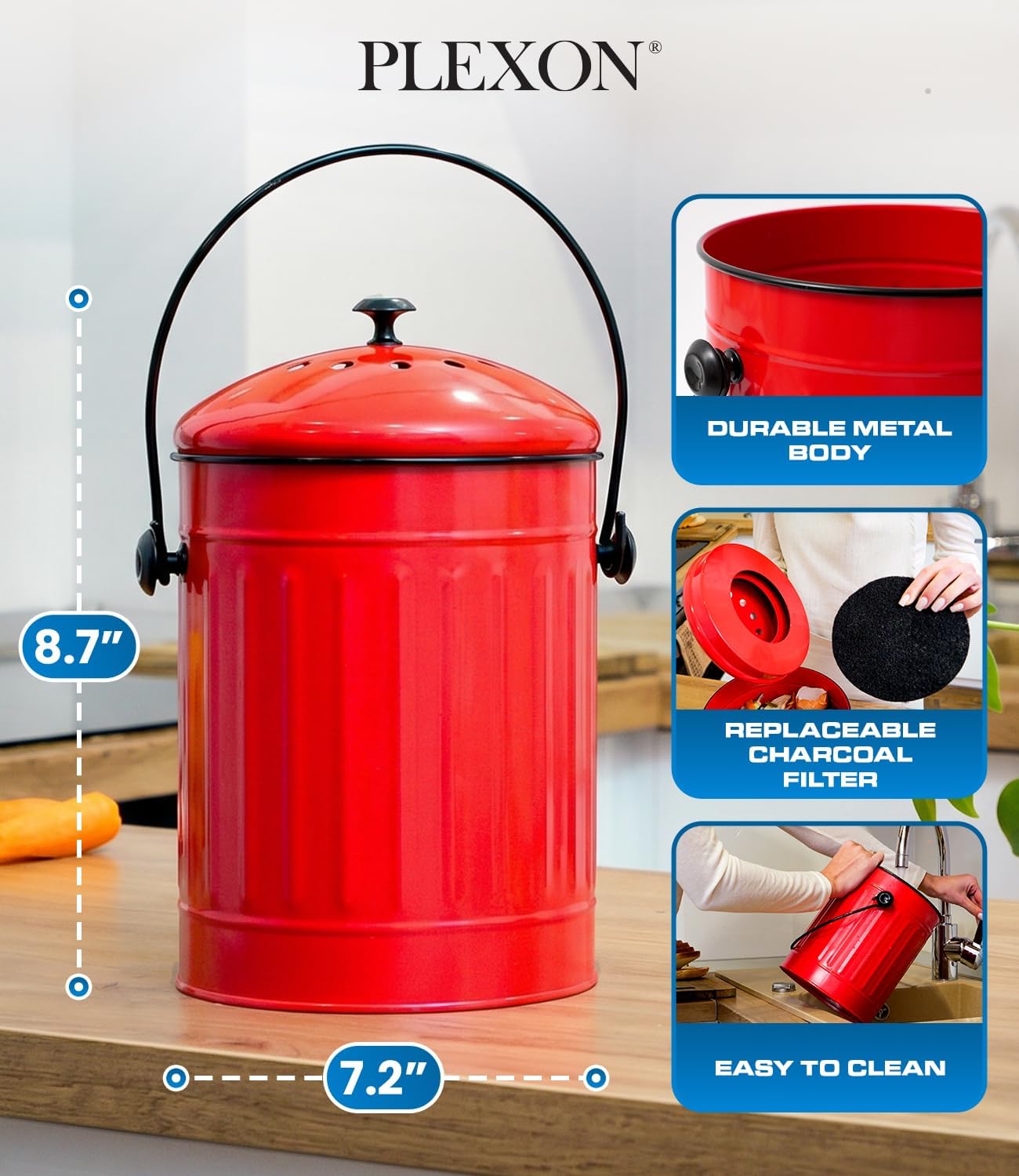 Countertop Compost Bin Kitchen with Lid, Red 1.5 Gallon Odorless Compost Container, Steel Food Compost Bucket for