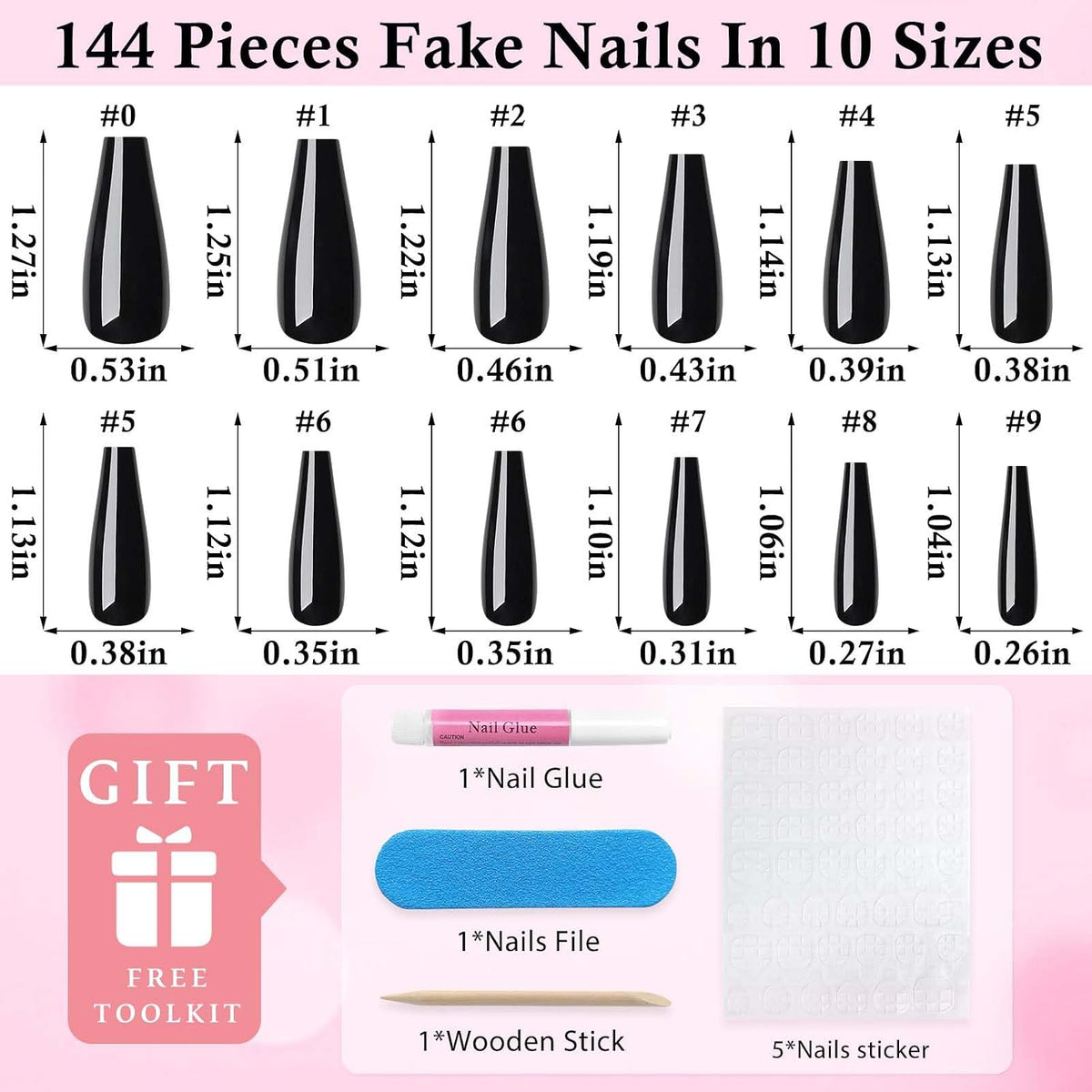 144pc Black Press on Nails Long Fake Nails Coffin Glue on Nails Press ons