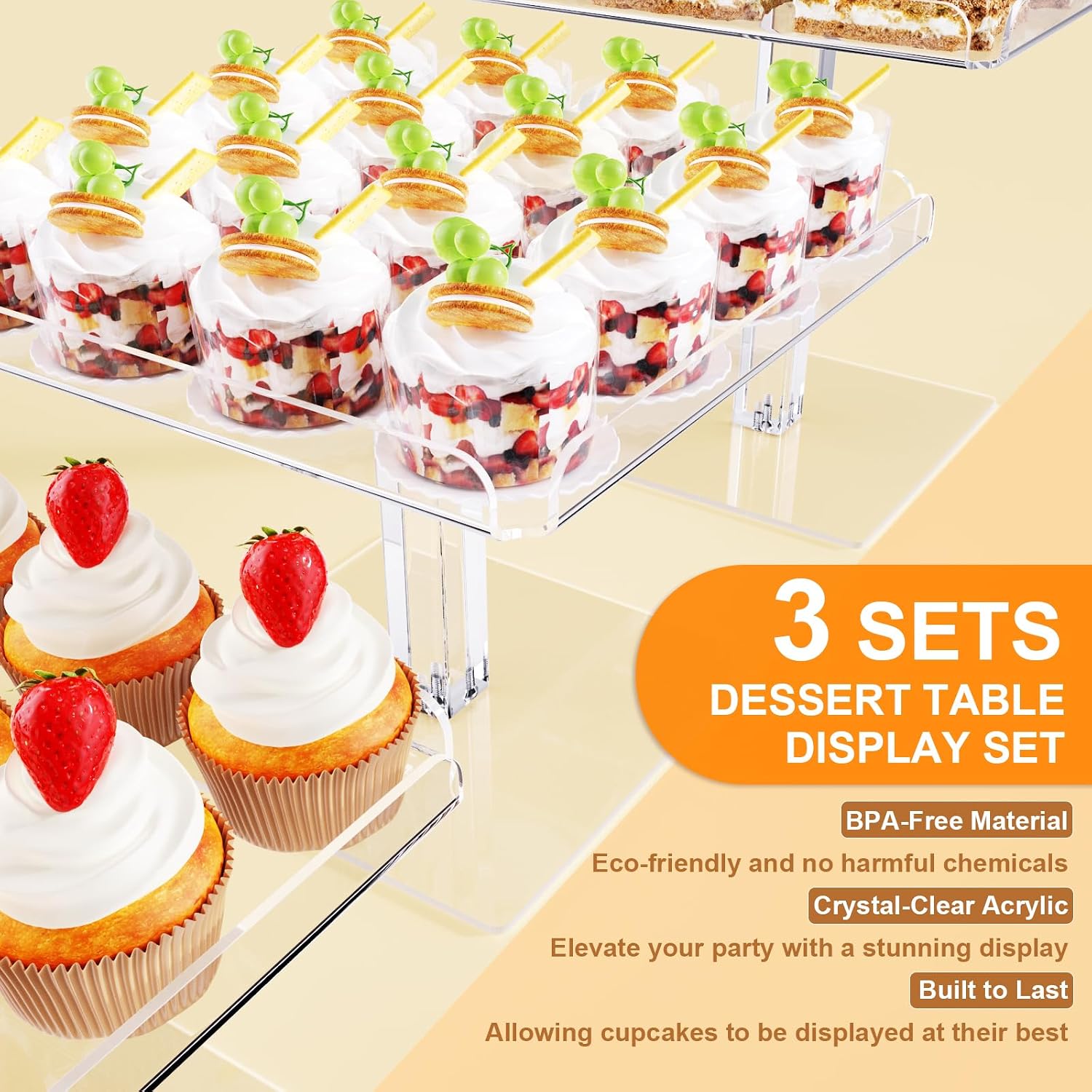 3 Piece Cupcake Stand, Acrylic Dessert Table Display Set, Clear Square Serving Trays for Birthday, Wedding, Baby Shower