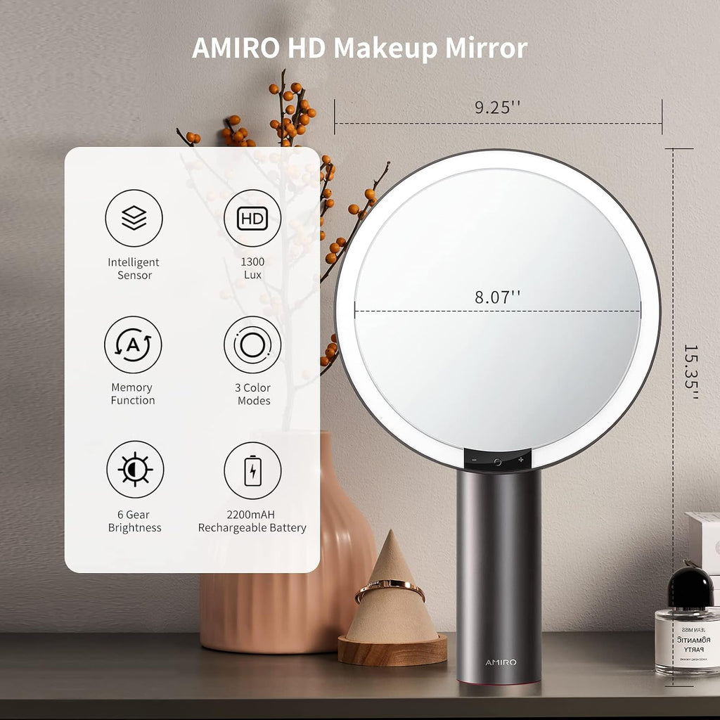 9"LED Makeup Mirror with 10X Magnification,3Colors&6 Brightness,Black | Smart Sensor, Touch-Control, Rechargeable