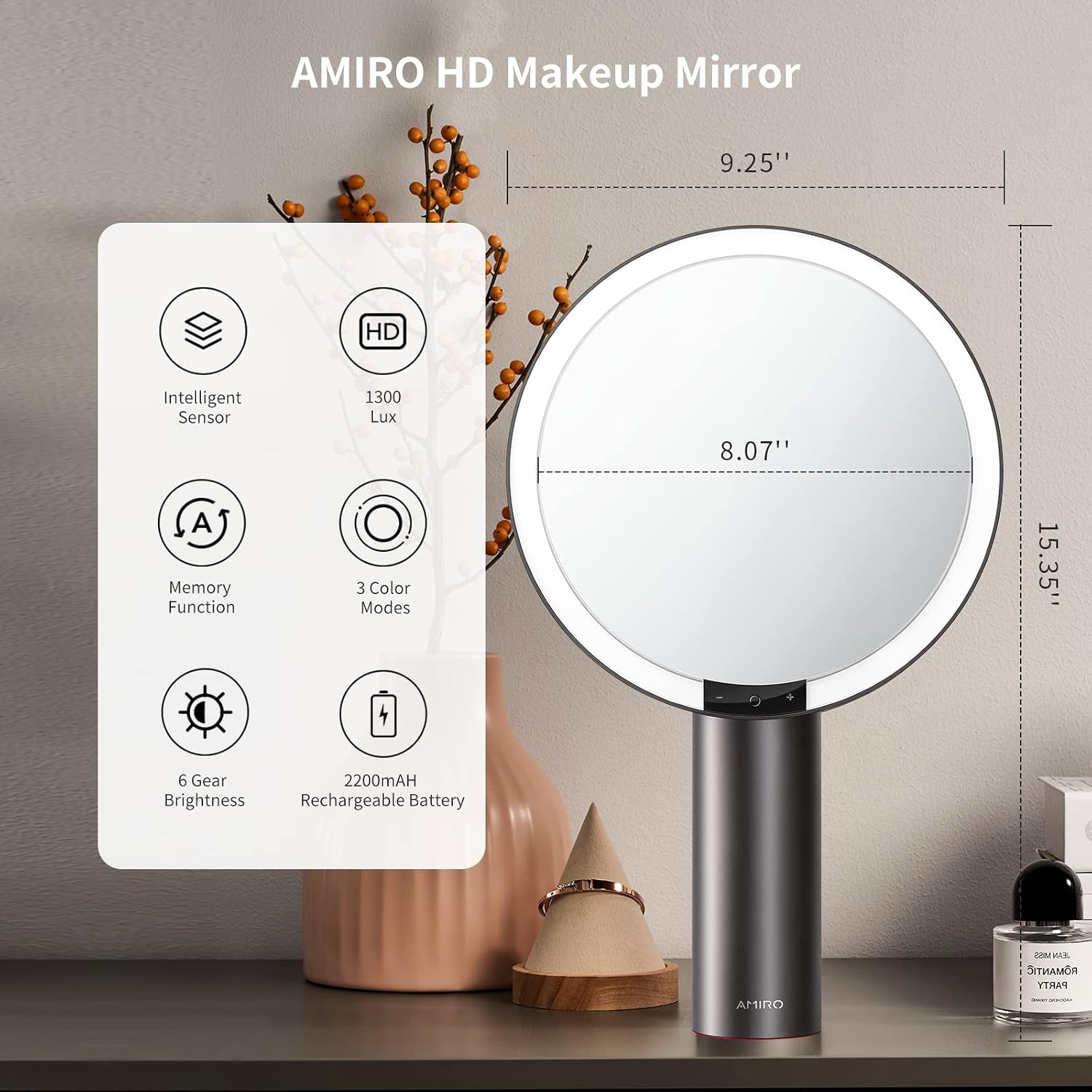 9"LED Makeup Mirror with 10X Magnification,3Colors&6 Brightness,Black | Smart Sensor, Touch-Control, Rechargeable