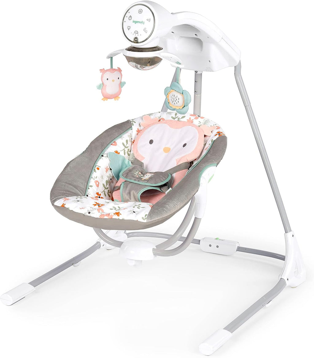 InLighten 5-Speed Baby Swing - Swivel Infant Seat, 5 Point Safety Harness, Nature Sounds, Lights - Nally Owl