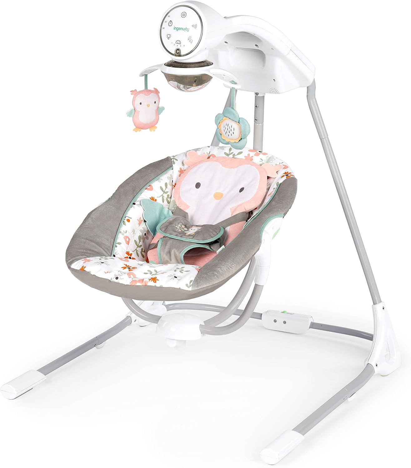 InLighten 5-Speed Baby Swing - Swivel Infant Seat, 5 Point Safety Harness, Nature Sounds, Lights - Nally Owl