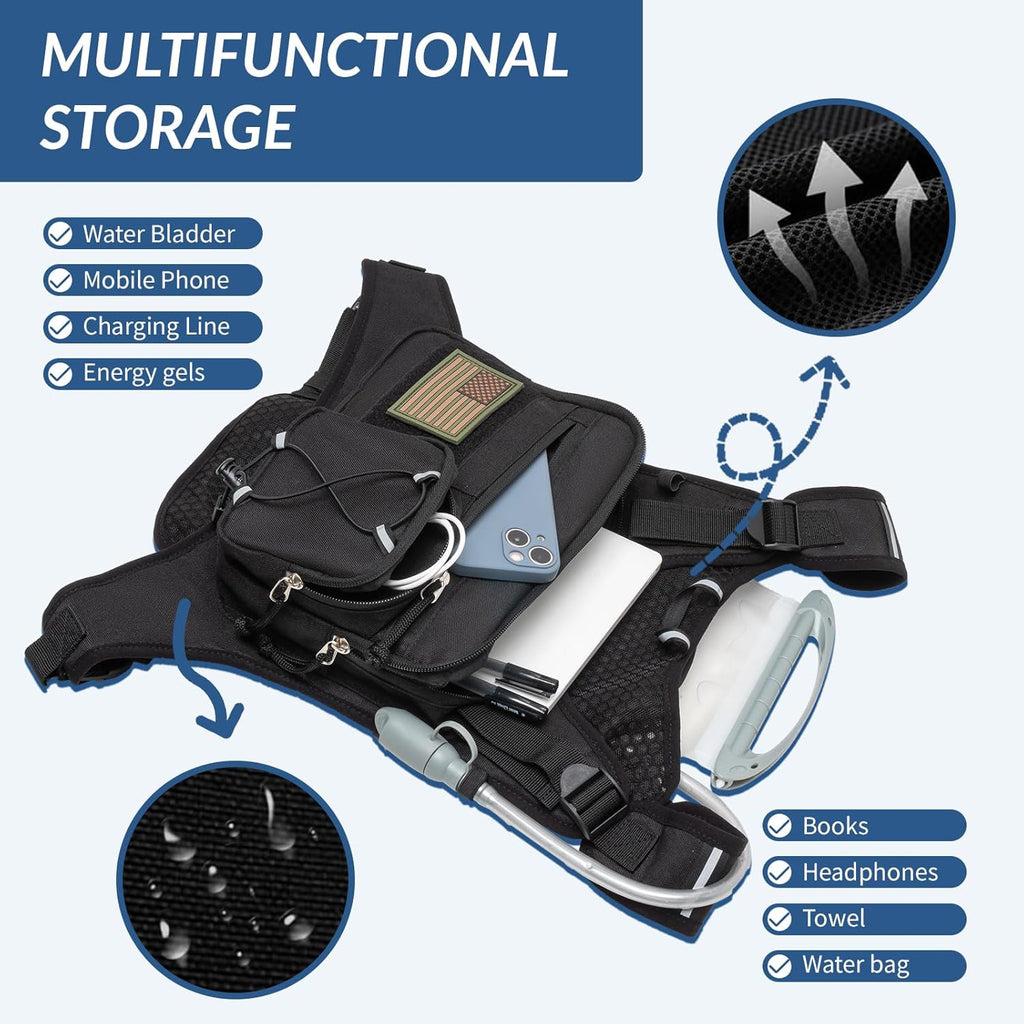 Running Vest,Lightweight Adjustable Chest Pack with Pistol Holster, Pack with 1.5L Water Bladder, Reflective Running