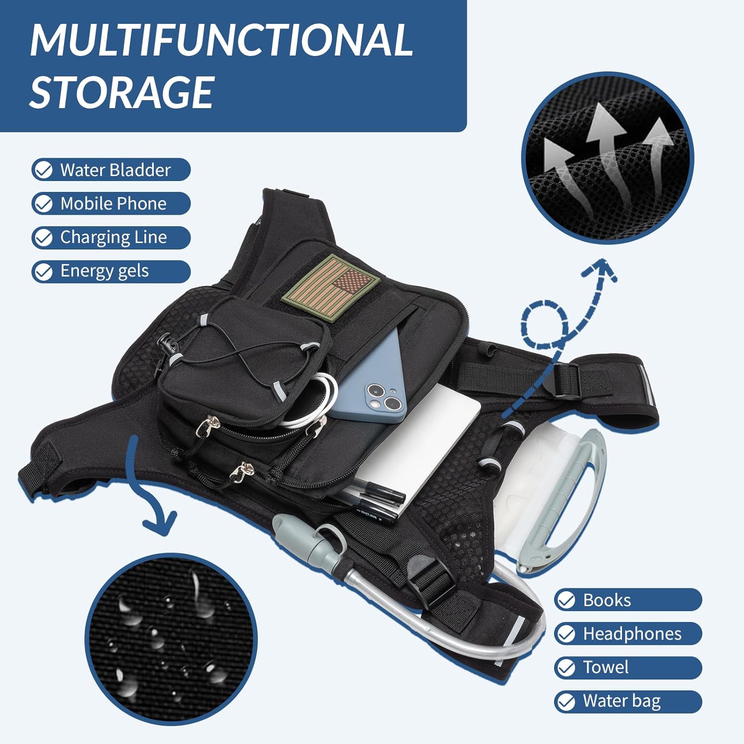 Running Vest,Lightweight Adjustable Chest Pack with Pistol Holster, Pack with 1.5L Water Bladder, Reflective Running