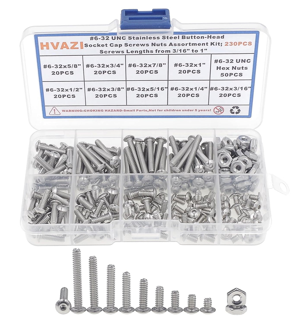 230PCS #6-32 UNC 304 SS Button-Head Socket Cap Screws & Hex Nuts Kit