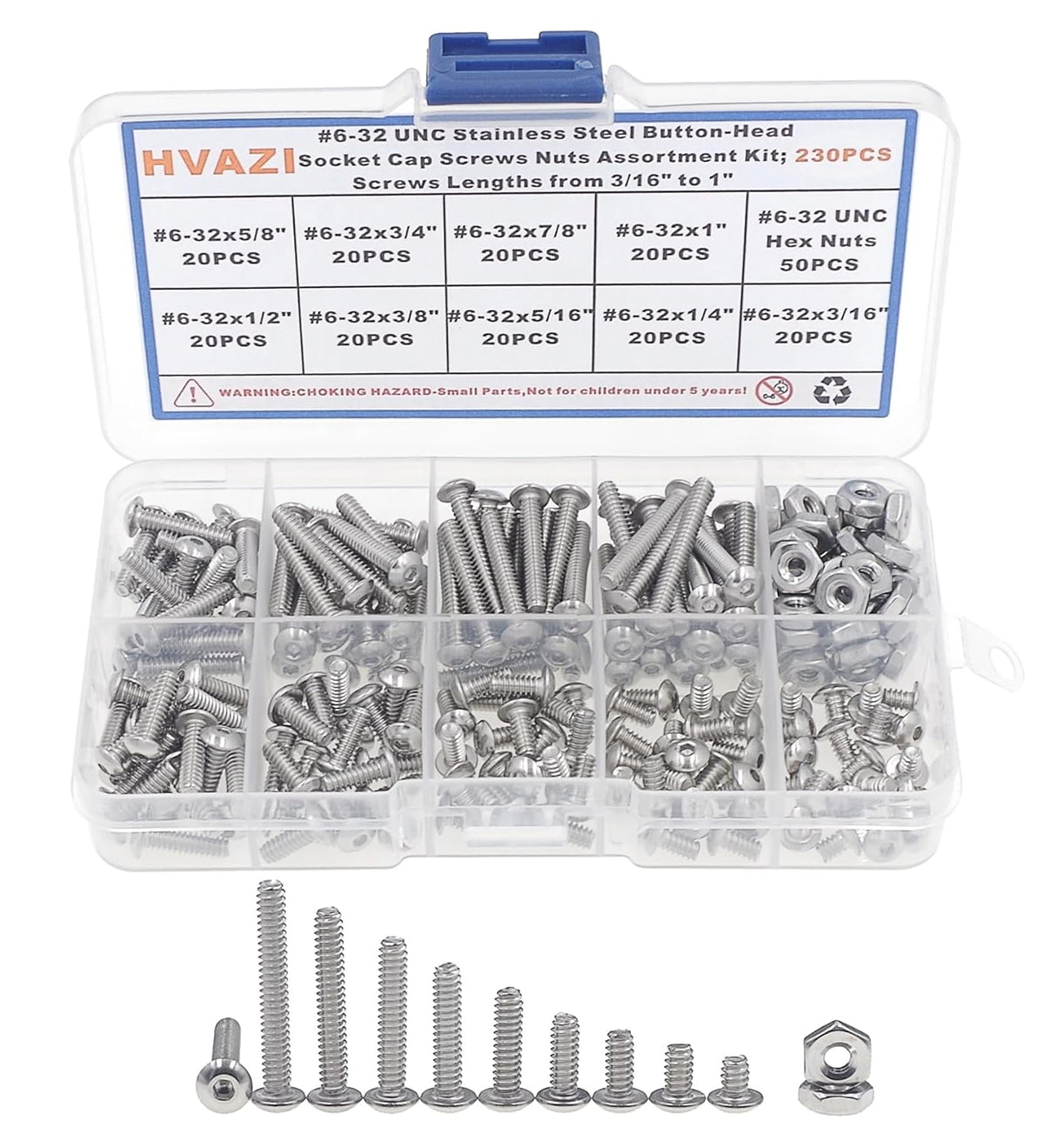230PCS #6-32 UNC 304 SS Button-Head Socket Cap Screws & Hex Nuts Kit