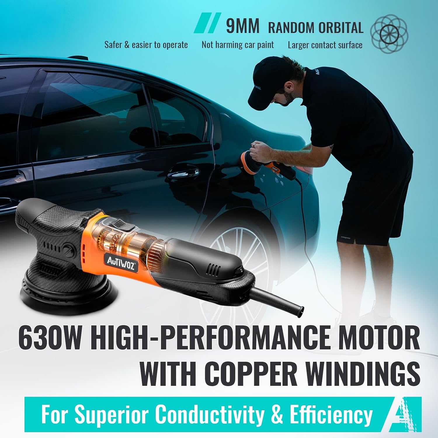 5 Inch DA Polisher for Car Detailing, 9mm Random Orbital Polisher Buffer, 6 Speeds 2000-6200RPM, 630W Auto Polishing