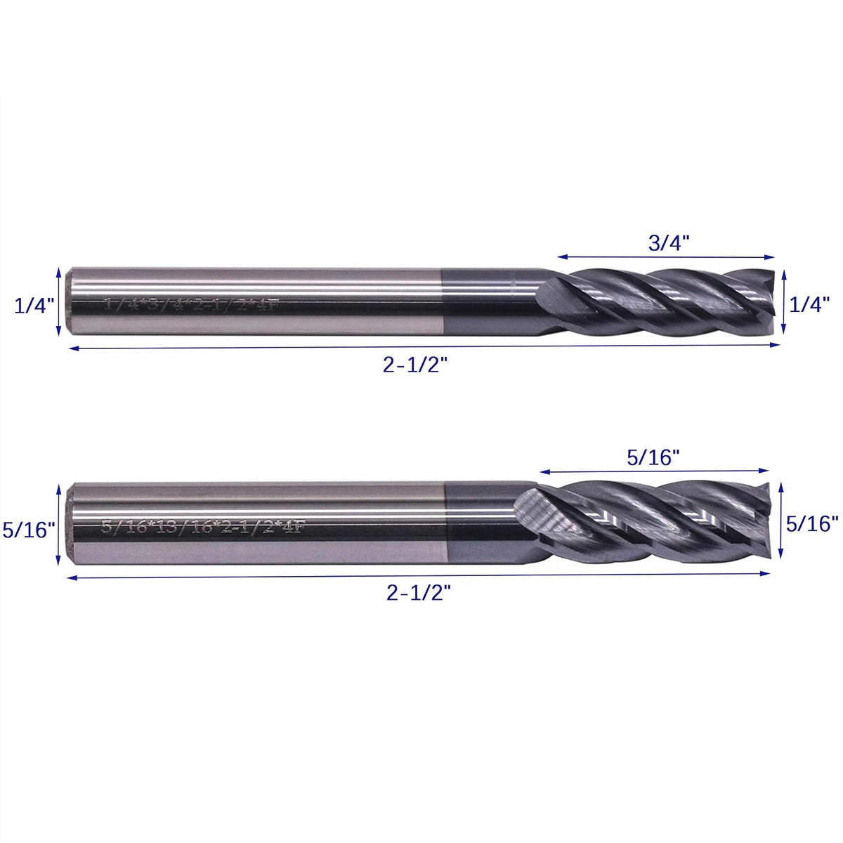 6Pcs 1/8" - 1/2" 4 Flute Solid Carbide Square End Mill Set - AlTiN Coated