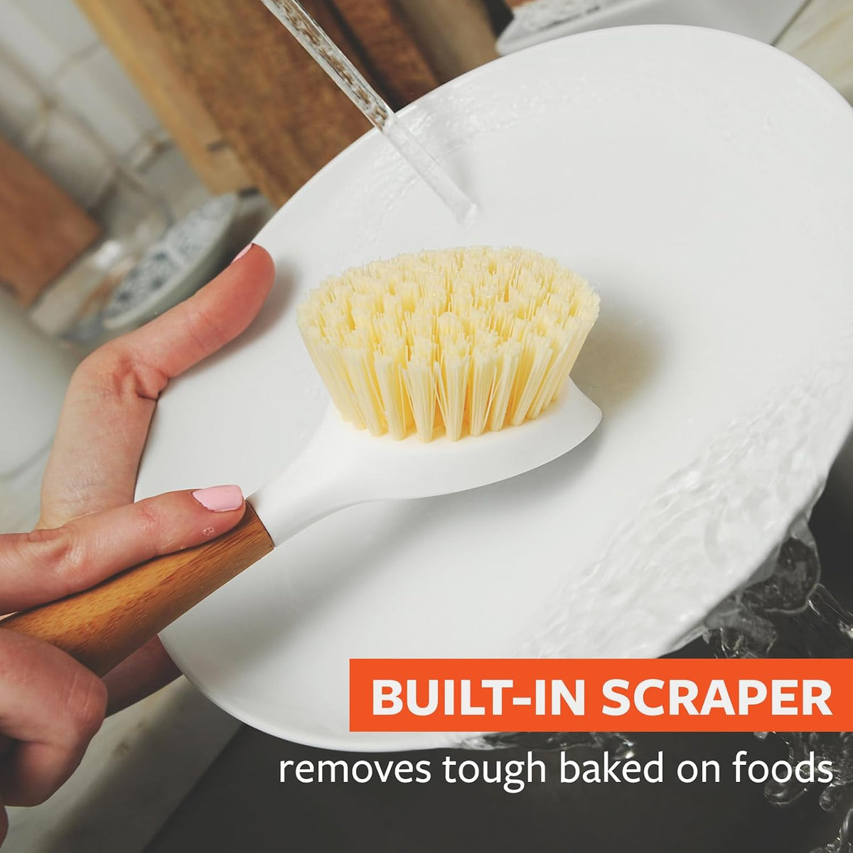 Kitchen Dish Brush, Bamboo Handle & Strong Bristles, White 1pk