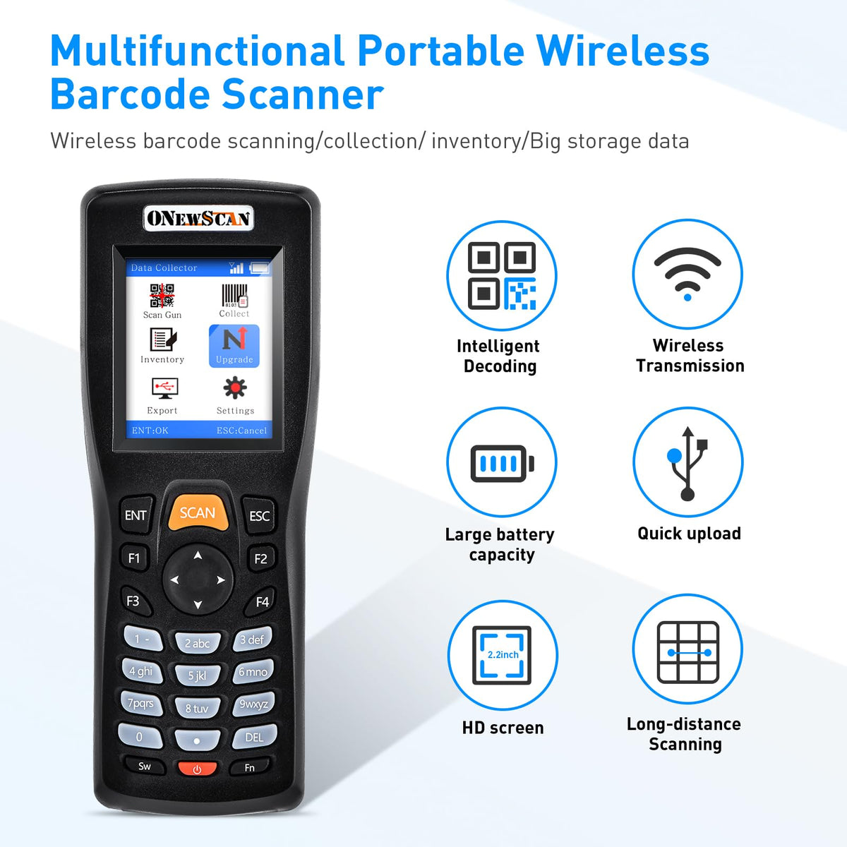 Inventory Scanner, Wireless Barcode Scanner 1D&2D&PDF417 Portable Handheld QR Barcode Reader for Collector Data