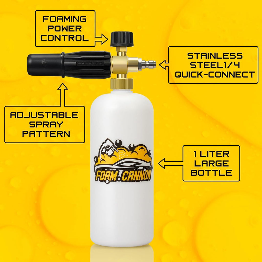Foam Cannon for Pressure Washer, 1L Bottle Snow Foam Cannon with 5 Pressure Washer Nozzle Tips, 1/4 Inch Quick