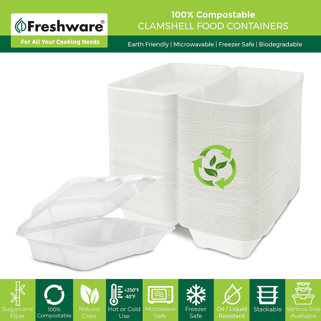 Compostable Clamshell Food Containers [9x6" 50-Pack] Disposable To Go Containers, Biodegradable Sugarcane To Go Boxes