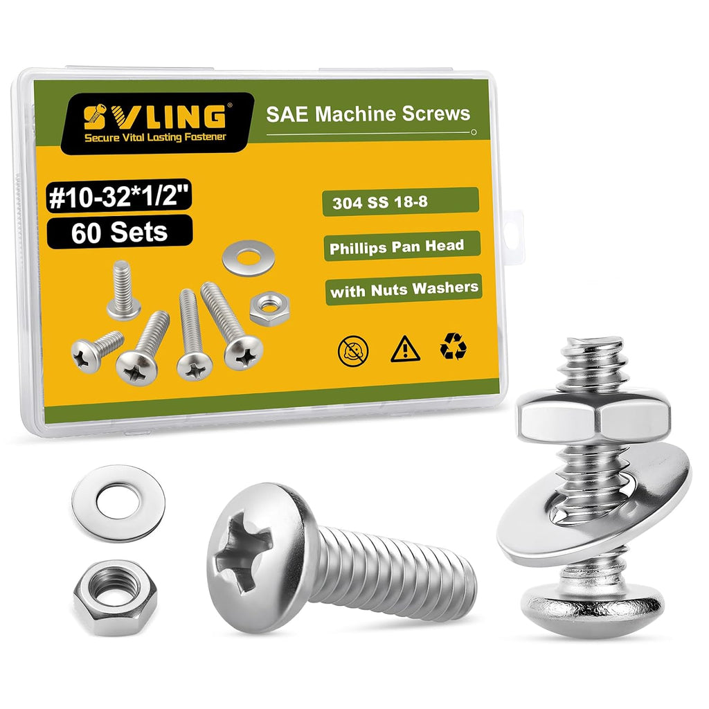 #10-32 x 1/2" Pan Head Machine Screws Nut Bolt Washer Assortment Kit,(60 Sets) 304 Stainless Steel 18-8 Phillips Drive Full Thread Assorted