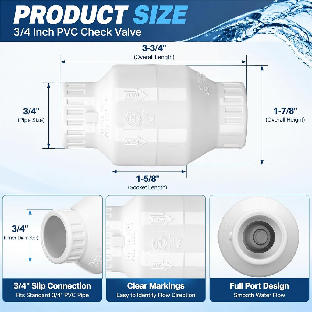 Geetery 1 Pcs 3/4'' PVC Check Valve Slip Swing No Spring Silent White