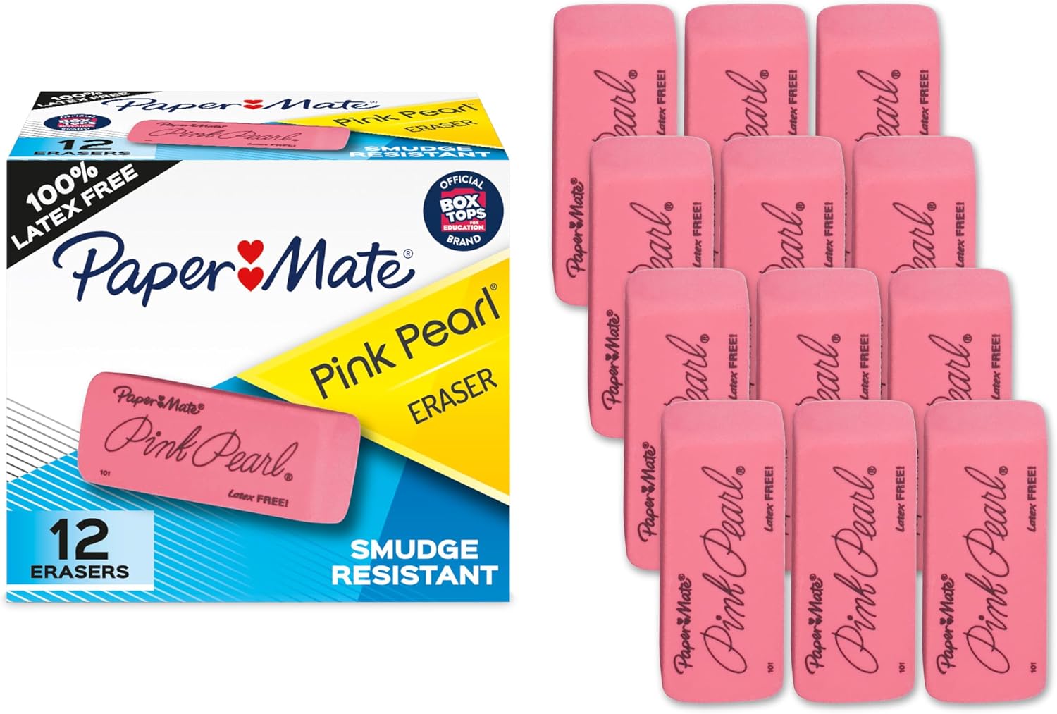 Erasers, Pink Pearl, 12 Count - Latex Free and Smudge Resistant, Back to School, Teacher Supplies