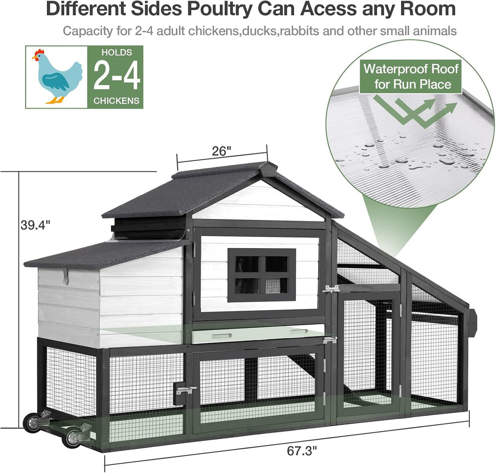 Mobile Chicken Coop for 2-4 Chickens with Wheels, Outdoor Hen House with Leak-Proof Tray, UV-Resistant Roof & Nesting