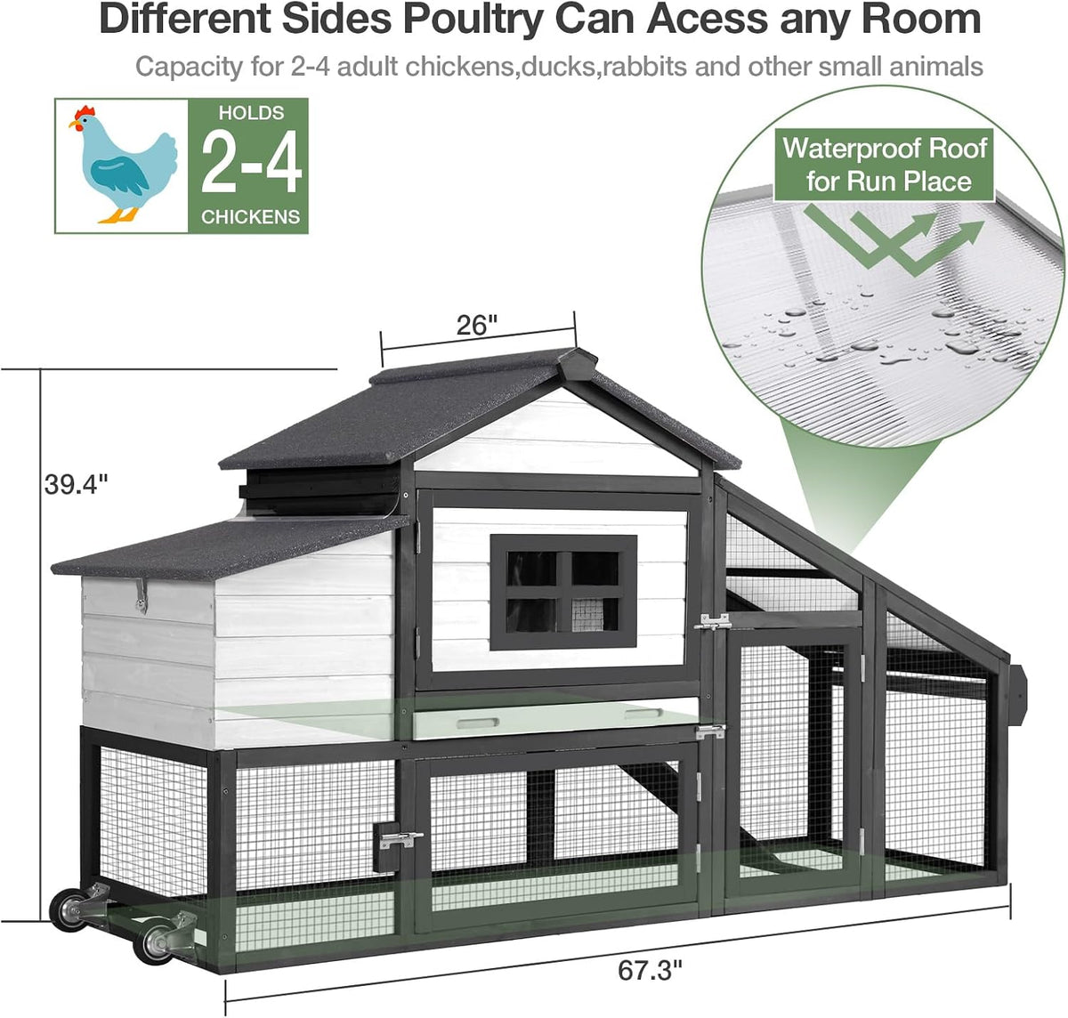 Mobile Chicken Coop for 2-4 Chickens with Wheels, Outdoor Hen House with Leak-Proof Tray, UV-Resistant Roof & Nesting