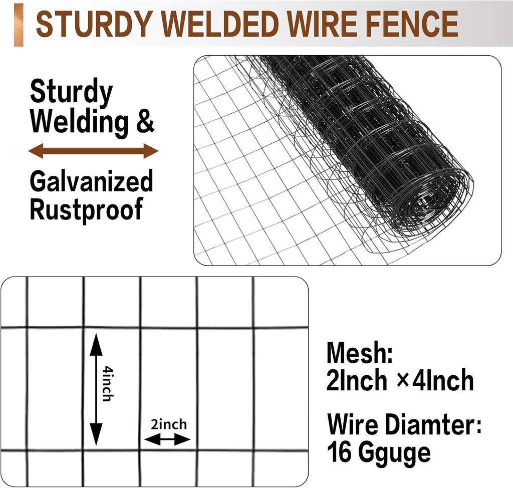 4 ft x 100 ft Black PVC Coated Welded Wire Fence, 16GA Garden Chicken Wire Fence Roll, Mesh Size 2" x 4" Hardware
