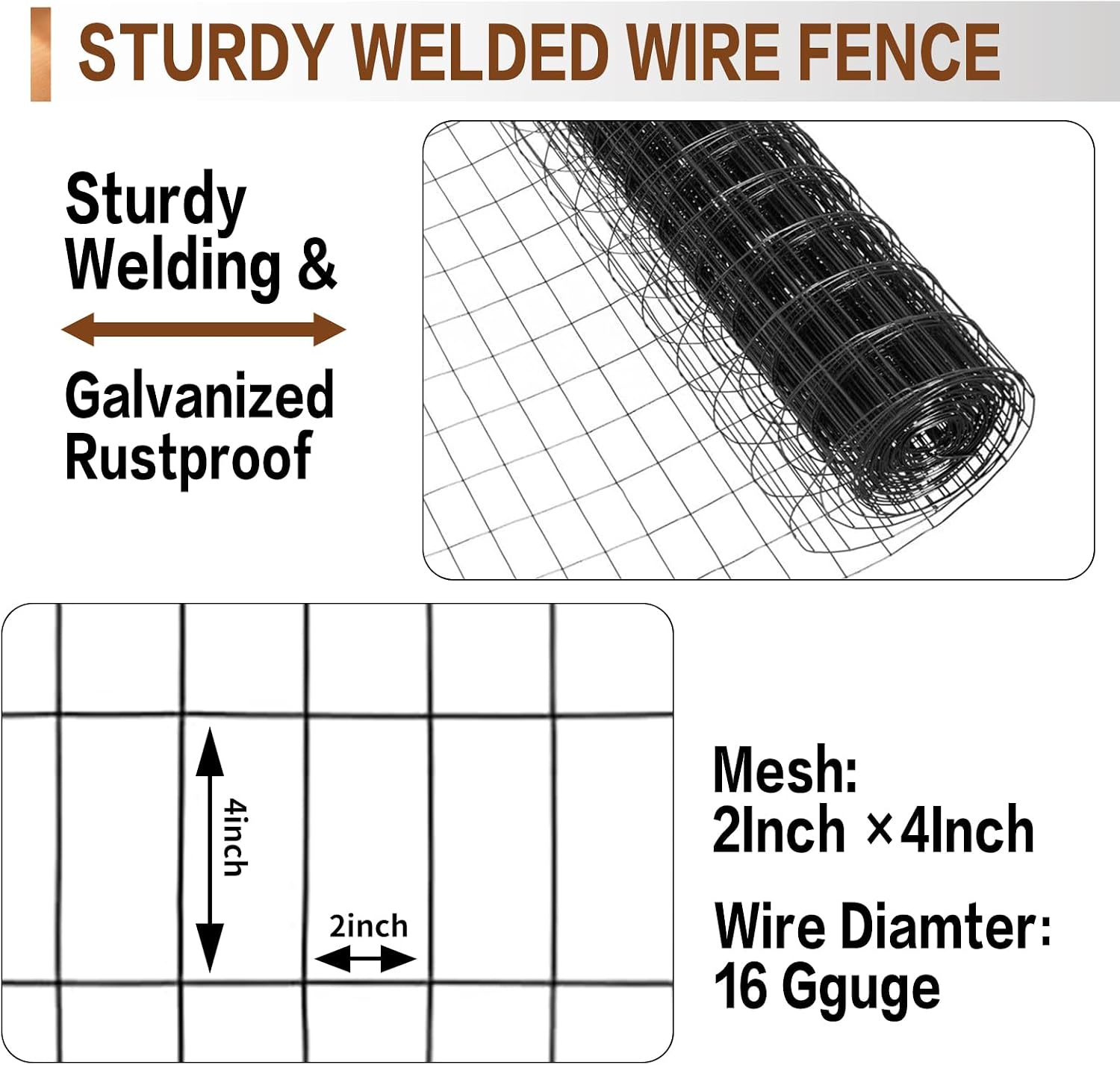4 ft x 100 ft Black PVC Coated Welded Wire Fence, 16GA Garden Chicken Wire Fence Roll, Mesh Size 2" x 4" Hardware