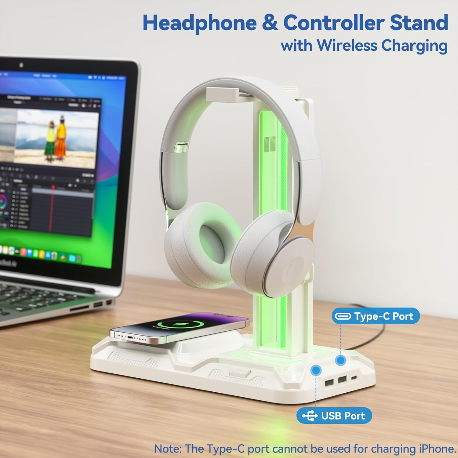 RGB Headphone & Controller Stand with Wireless Charging - Rotatable Headset Stand with 9 Light Modes - Controller