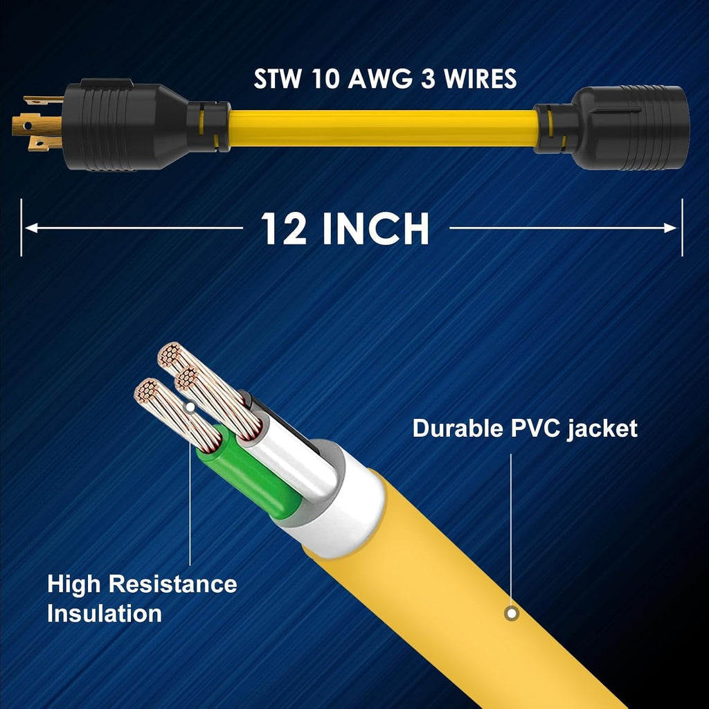 Plug and Play 30 AMP Generator Transfer Switch Adapter Cord, Heavy Duty STW 10 Gauge NEMA L5-30P Male to L14-30R