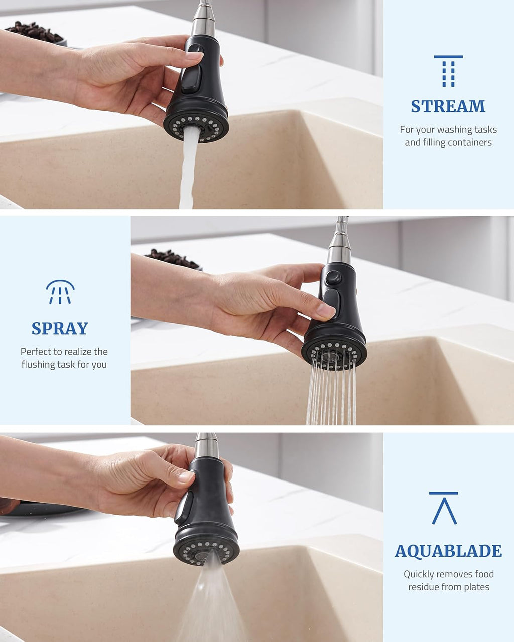 Kitchen Faucet Spray Head Replacement, 3-Function Pull Down Sprayer Head