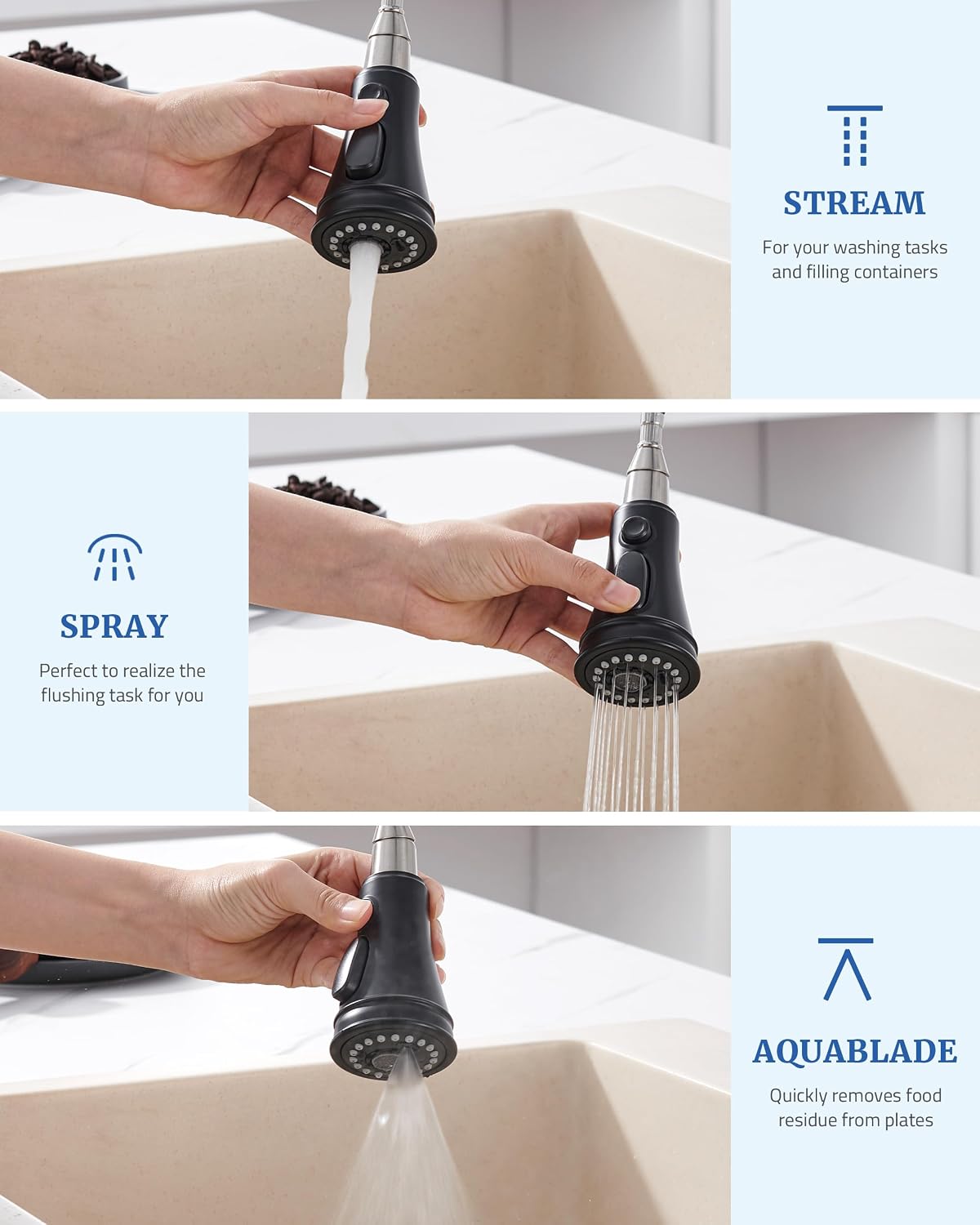 Kitchen Faucet Spray Head Replacement, 3-Function Pull Down Sprayer Head
