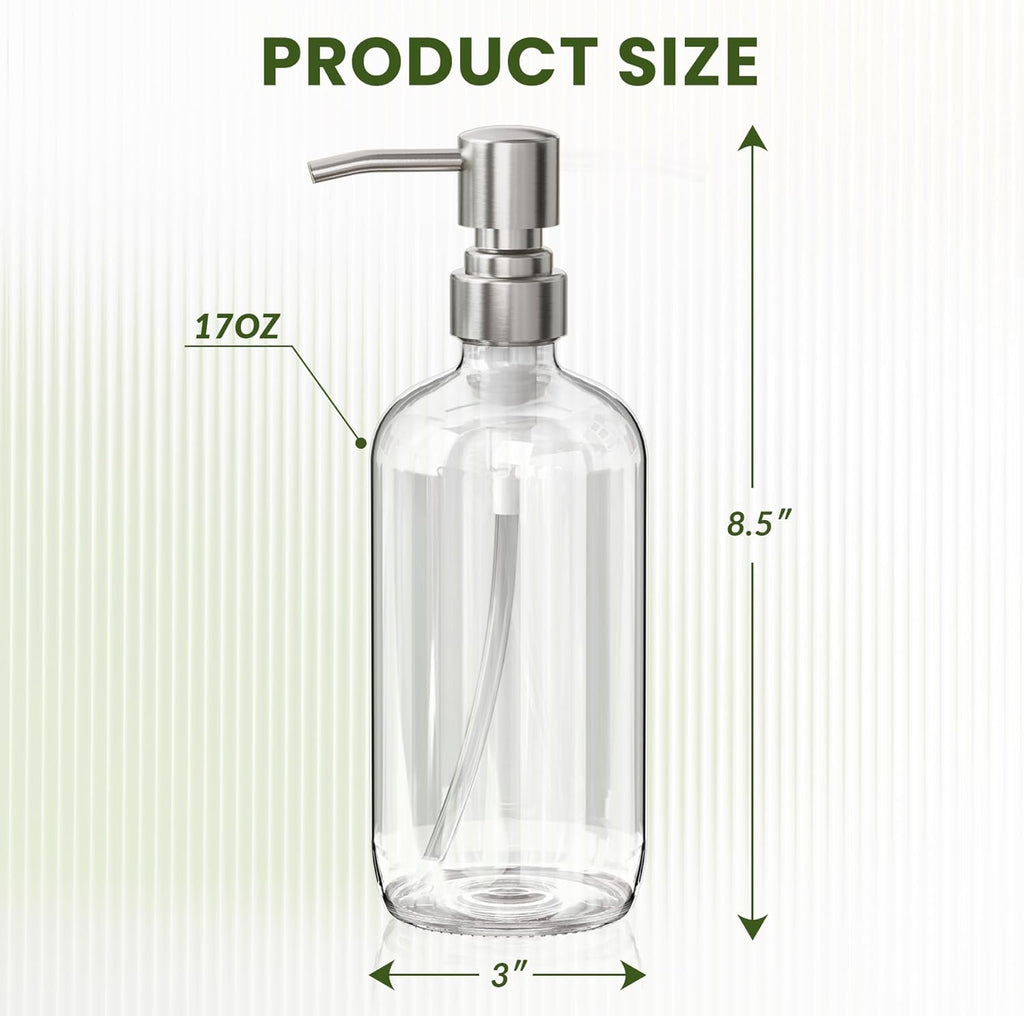 Soap Dispenser, 2 Pack Glass Soap Dispenser with Pump Stainless Steel, 17 Oz Hand Soap Bottles Bathroom Kitchen, Clear