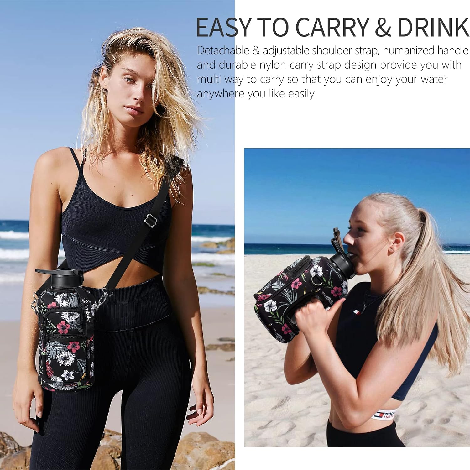 Half Gallon Water Bottle with Sleeve 64 OZ Water Bottle with Handle & Straw Leakproof Motivational Sports Gym Water