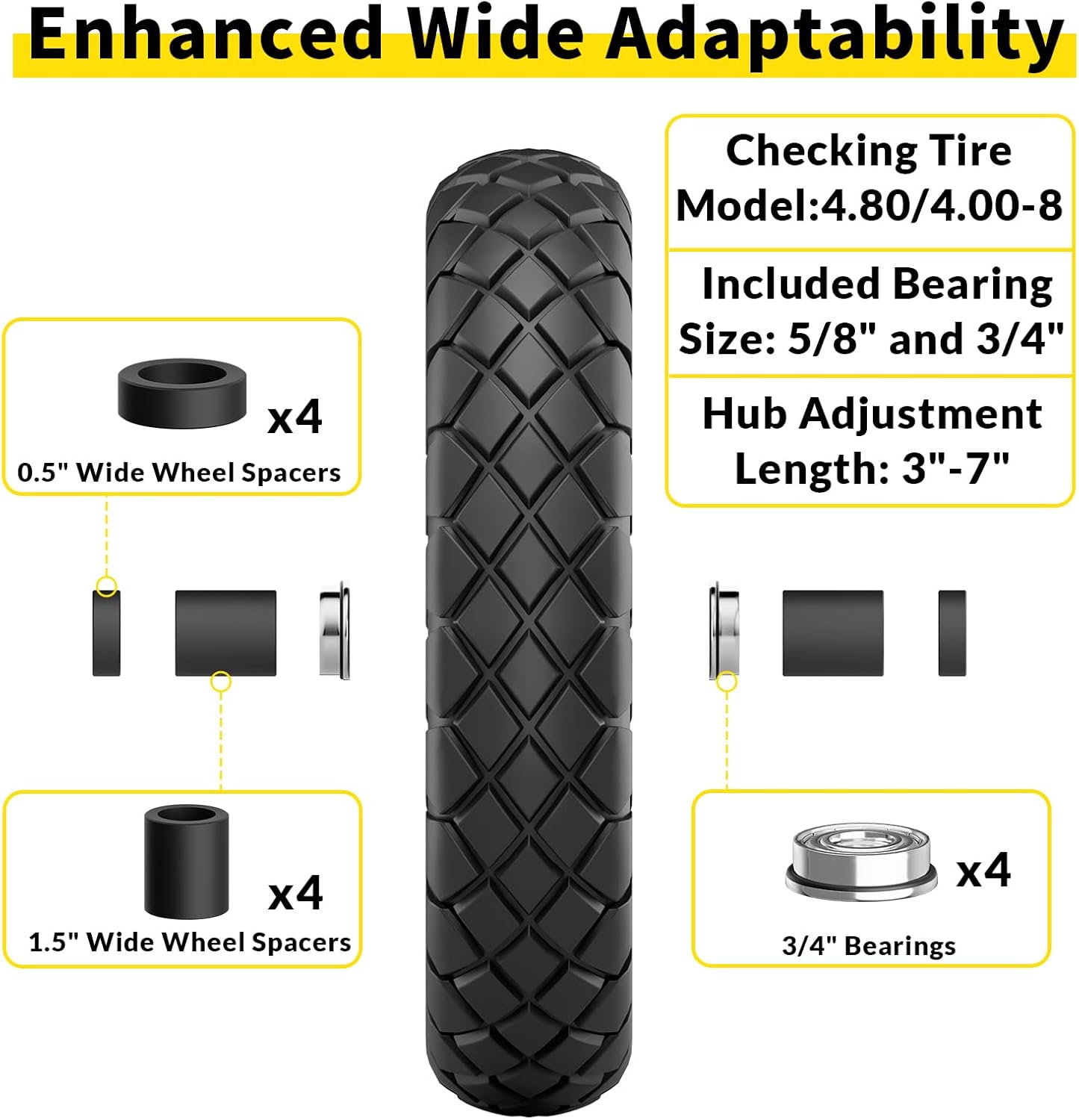 4.80/4.00-8 Flat Free Wheelbarrow Tire and Wheel, 16" Black 2-Pack | Solid Puncture Proof Replacement Tires with 5/8"