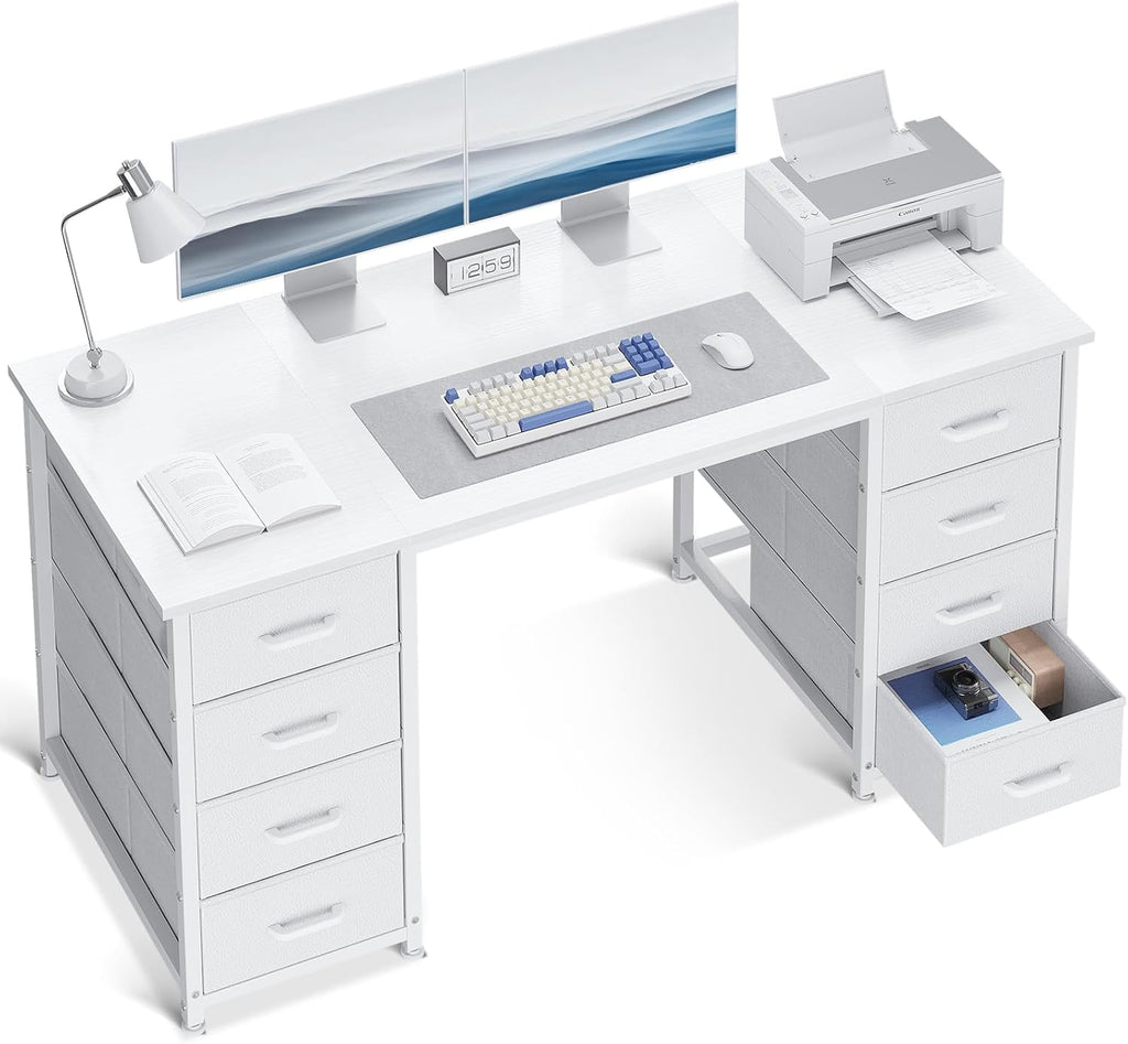 48 Inch White Computer Desk with 8 Fabric Drawers, Modern Office Desk with Large Storage for Home Office, Study