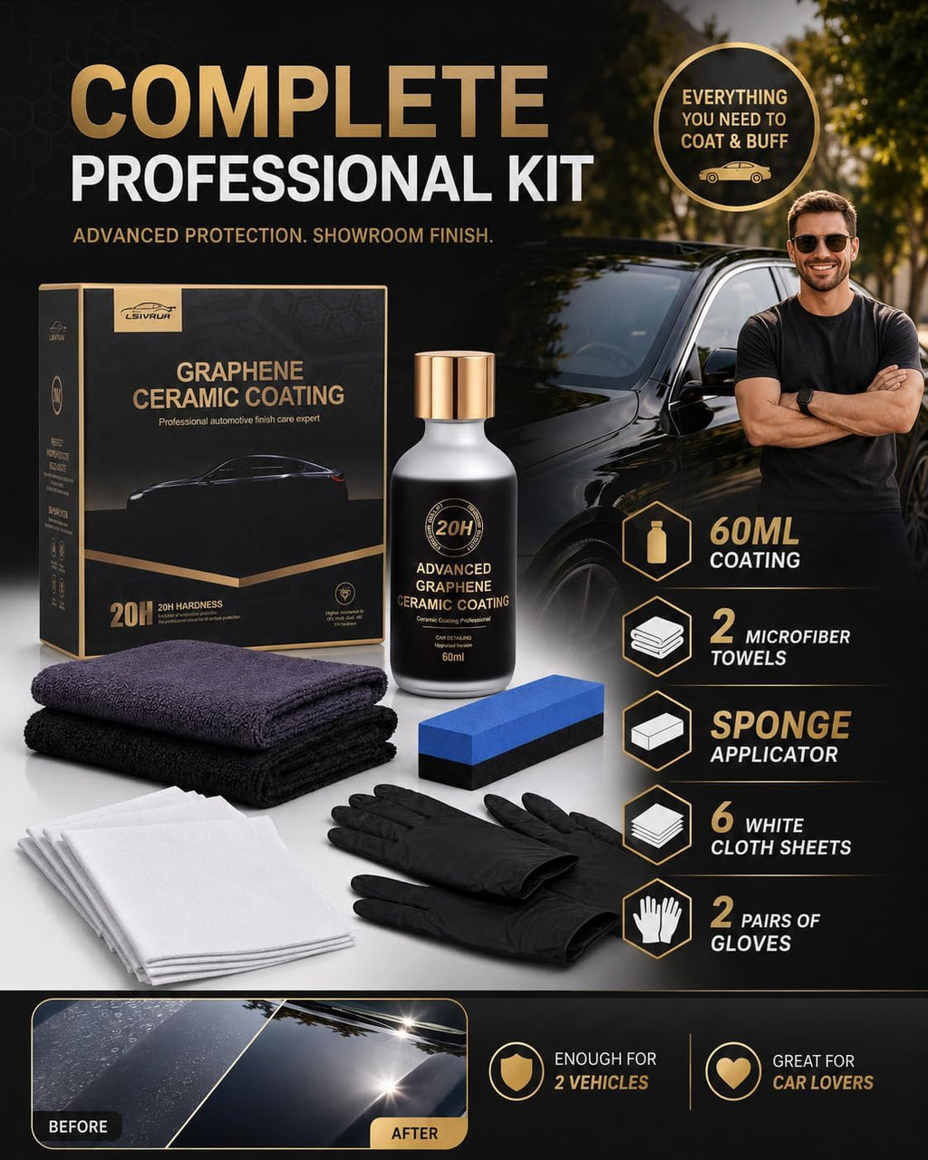 20H Graphene Ceramic Coating for Cars, 60mL Professional Car Ceramic Coating Kit, Hydrophobic Graphene Coating for
