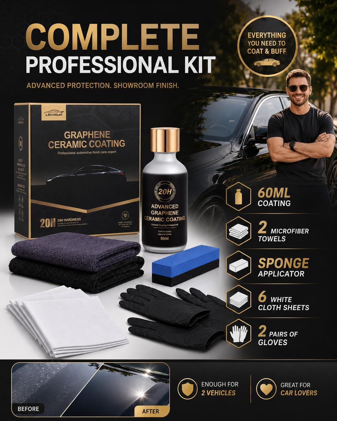 20H Graphene Ceramic Coating for Cars, 60mL Professional Car Ceramic Coating Kit, Hydrophobic Graphene Coating for