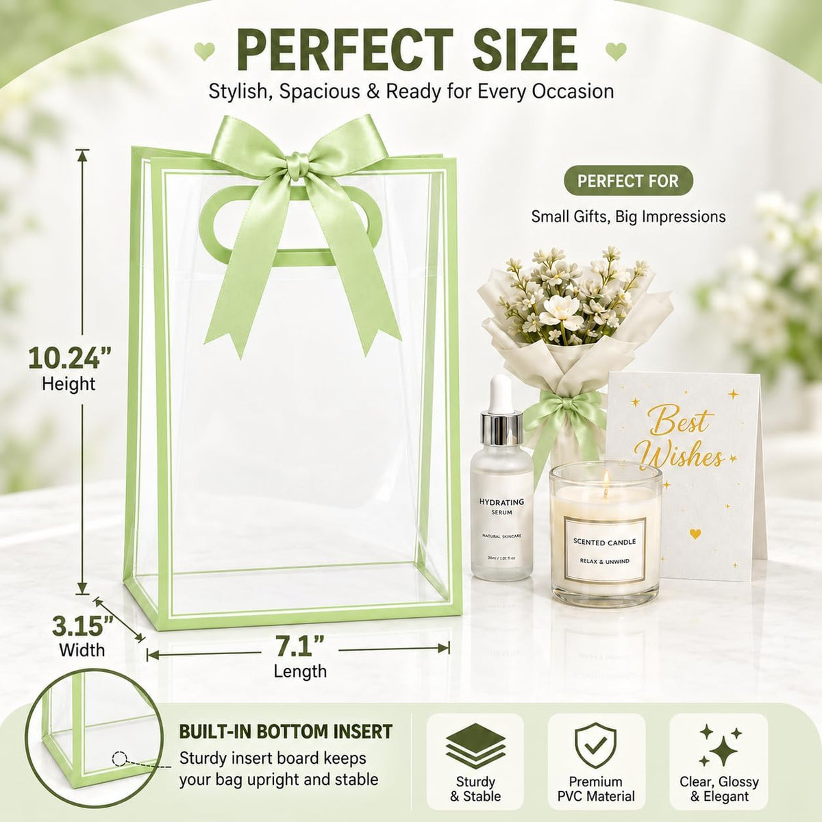 12 Pack Clear Gift Bags with Handles, Sage Green