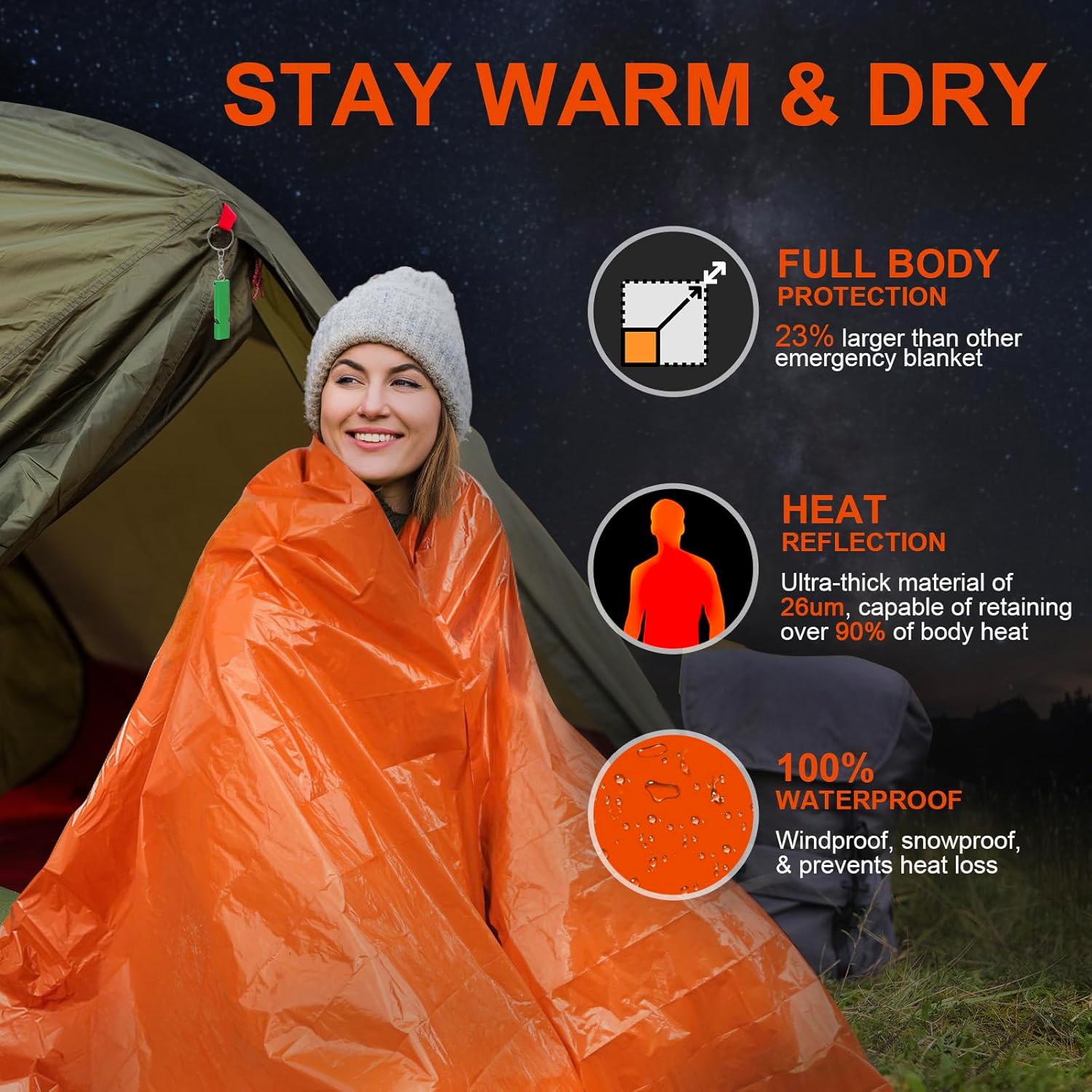 Emergency Blankets for Survival 2-Pack, Extra Thick Large Space Blankets | Retains 90% of body heat, Portable