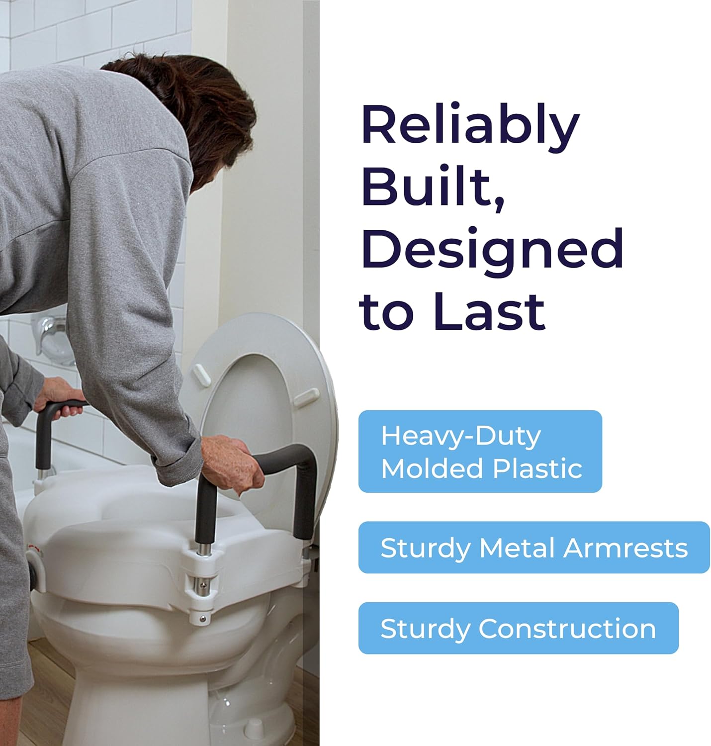 2-in-1 Raised Toilet Seat with Removable Padded Arms - Elevated Bathroom Safety Support - Secure Locking Attachment