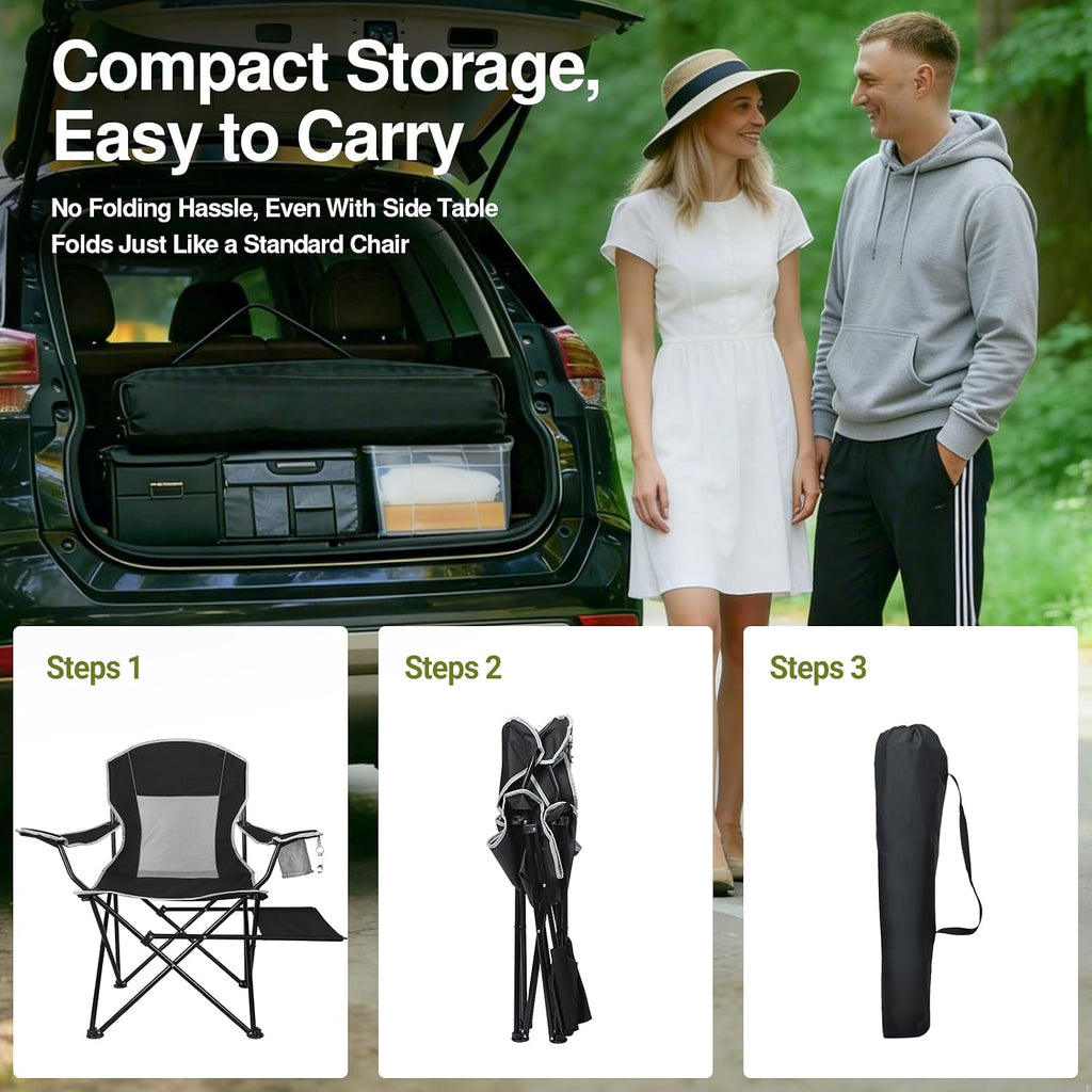 2-Pack Camping Chairs 350LBS Heavy Duty Folding Chair with Side Table | Portable, Sturdy, With Cup Holder
