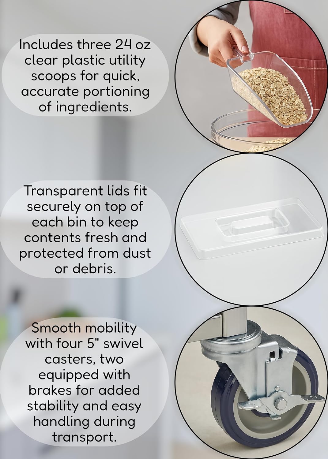 30-Gallon Mobile Triple Ingredient Bin with 3 Clear 24 oz Scoops – Three Color-Coded Containers on Casters for