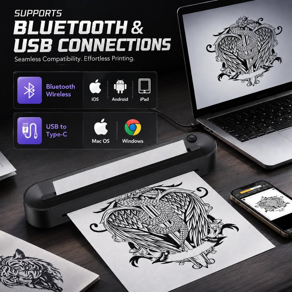 Tattoo Stencil Printer, Bluetooth Thermal Printer with Save Custom Templates, Multi Sizes ≤ A4, Tattoo Transfer