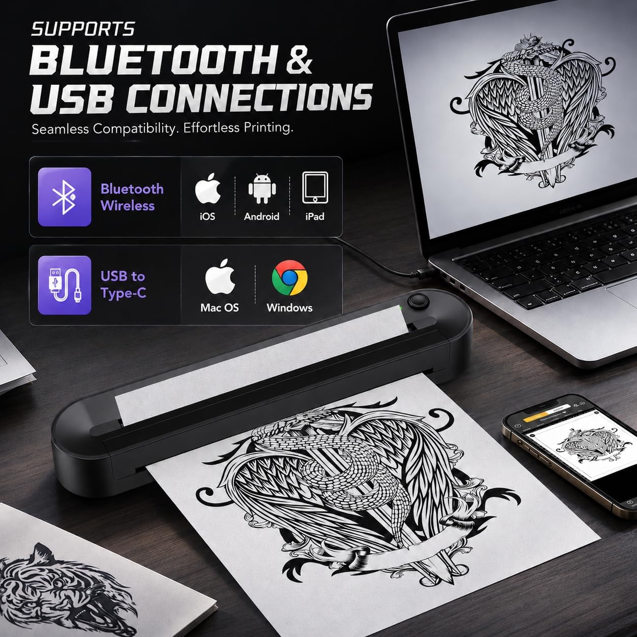 Tattoo Stencil Printer, Bluetooth Thermal Printer with Save Custom Templates, Multi Sizes ≤ A4, Tattoo Transfer