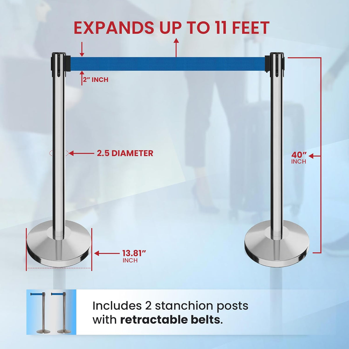 2 Retractable Belt Stanchion Barriers, 11 Ft Blue