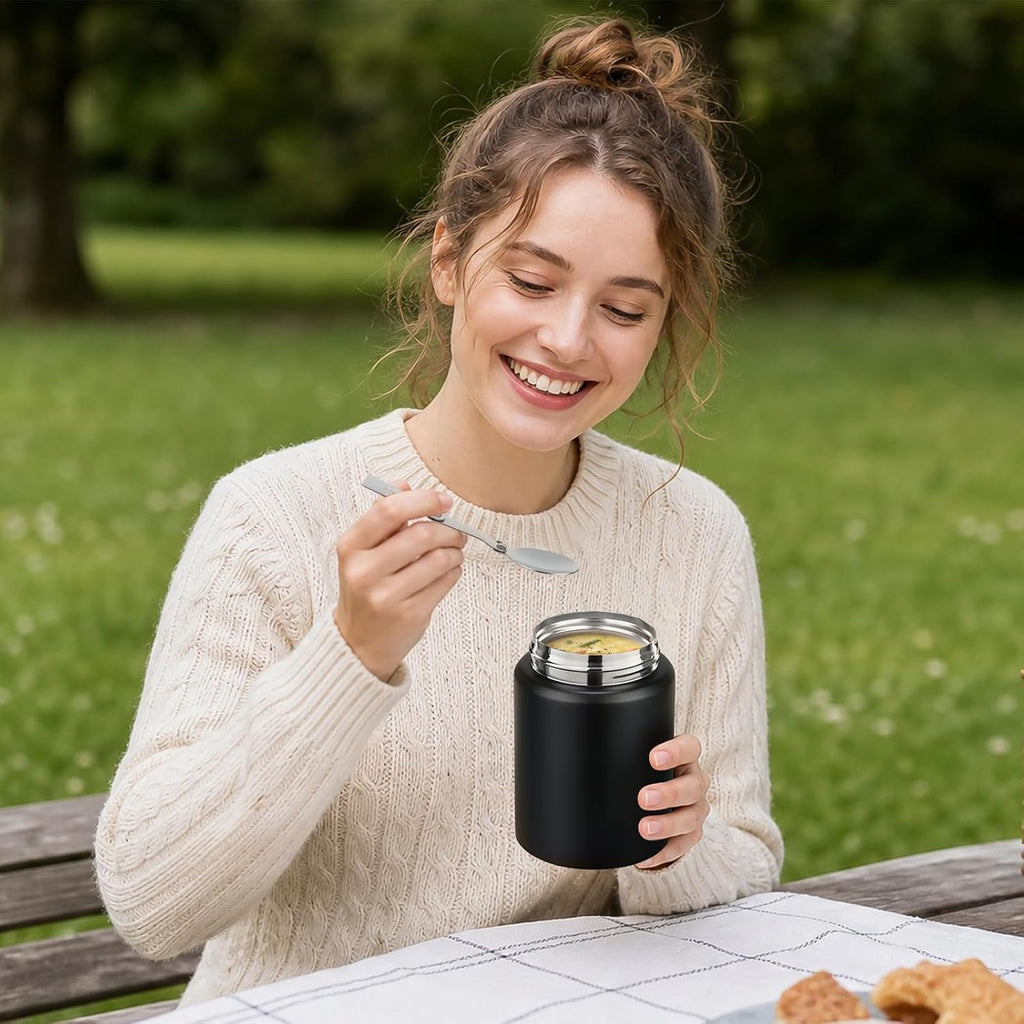 16oz Insulated Food Jar with Spoon, Stainless Steel, Black | insulated food jar, stainless steel, hot 12h cold 24h