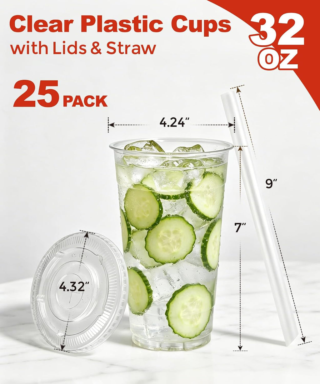 32 oz Clear Plastic To Go Cups with Lids and Straws