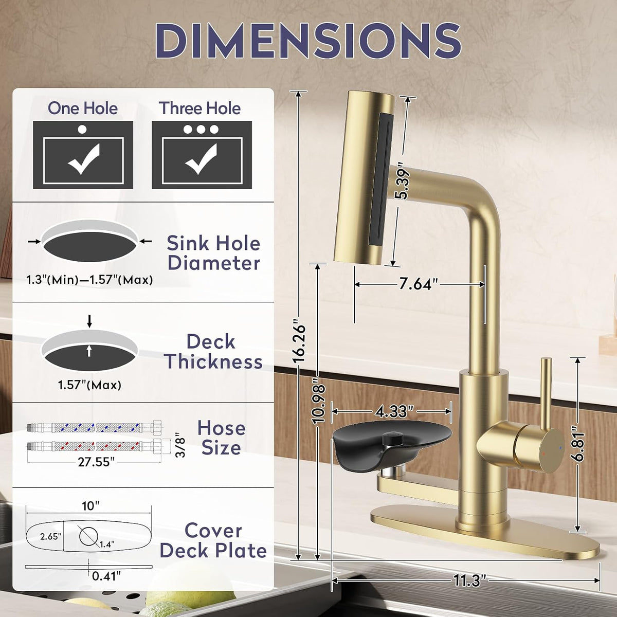 Brushed Gold Kitchen Faucet with Pull Down Sprayer & Cup Washer