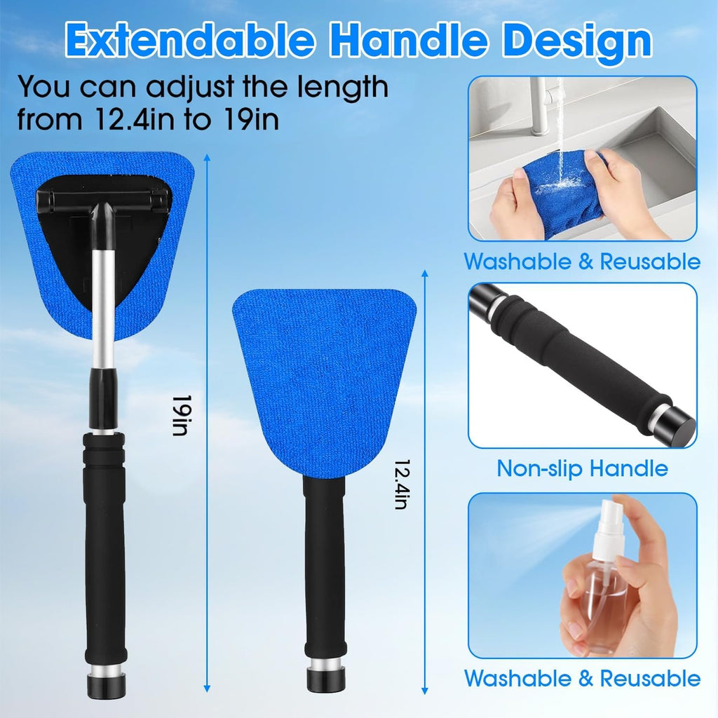 Windshield Cleaner Tool, Car Interior Cleaning Kit with Extendable Handle and 3 Reusable Microfiber Pads, Auto Glass