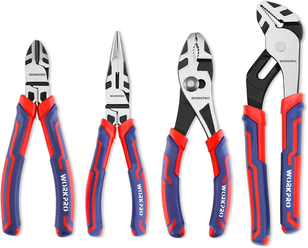 4-Piece Pliers Set - Premium CR-V Construction Tool Set Including Long Nose, Diagonal Cutting, Groove Joint and Slip