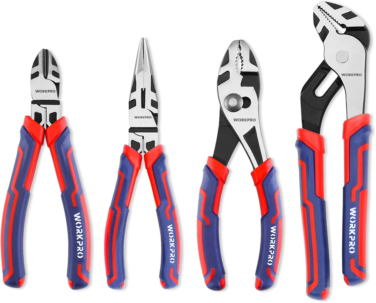 4-Piece Pliers Set - Premium CR-V Construction Tool Set Including Long Nose, Diagonal Cutting, Groove Joint and Slip